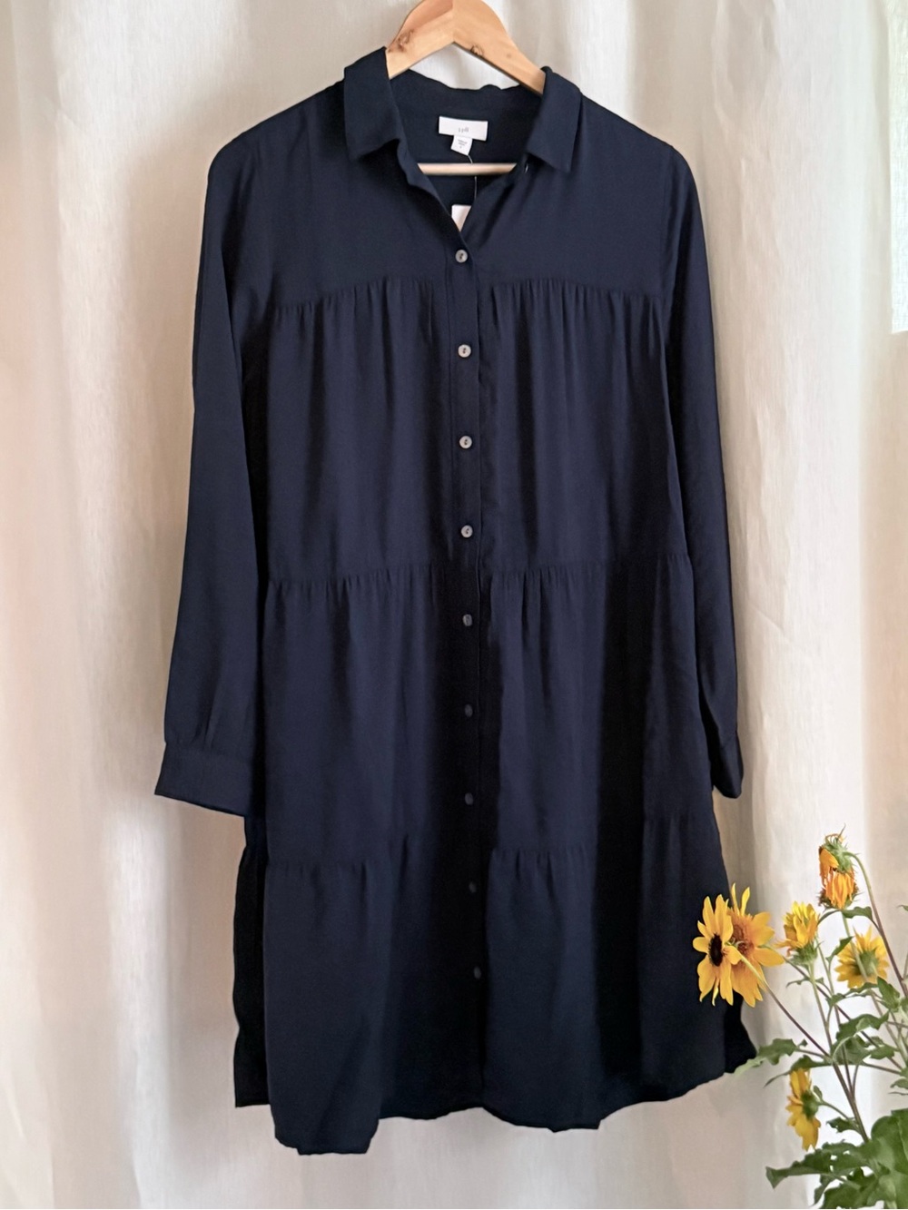 NWT J.Jill Tiered Shirt Dress S Navy Blue Button Front Duster Viscose 237481